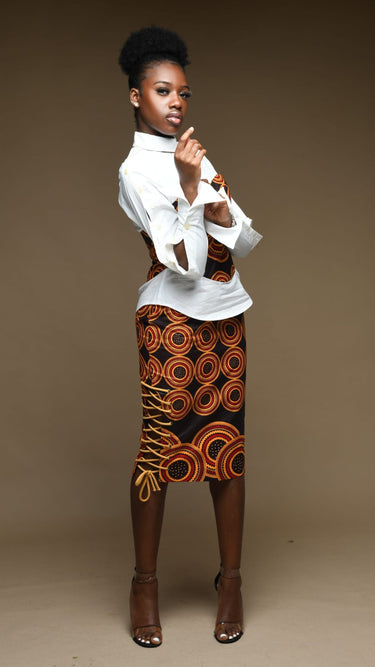 INFINITY Coco Brown Ankara Side Laced Pencil Skirt